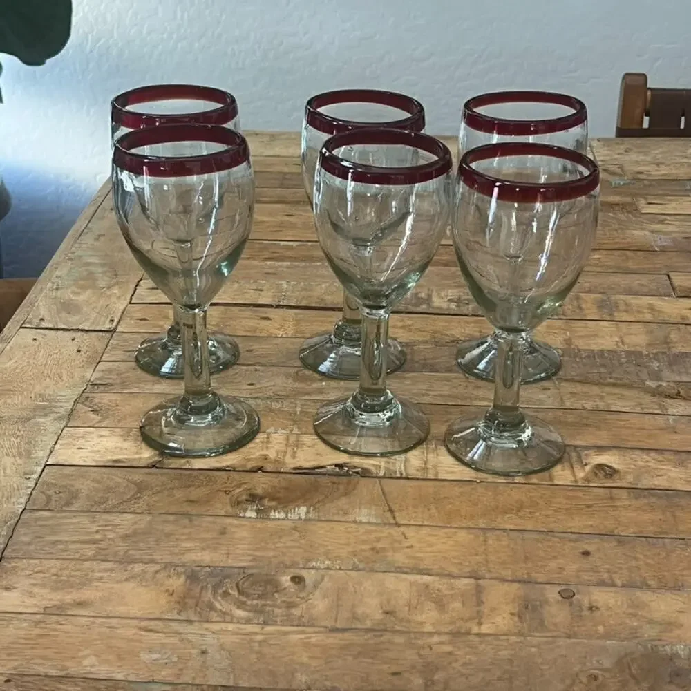 Mexican Hand Blown Wine Glasses Sangria Red Rim Thick Glass Set Of 6